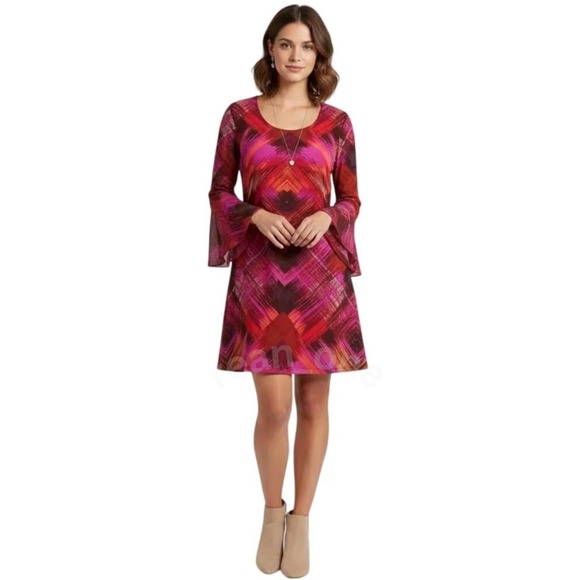 MSK Dresses & Skirts - MSK Women's Pink Red Orange Print Sheer Bell Sleeve Cocktail Dress Size Medium